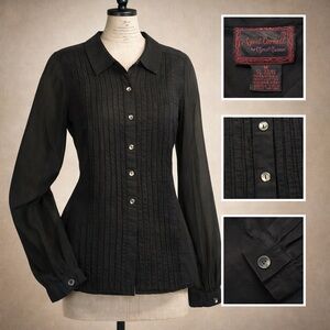 Black vintage button up April Cornell shirt with pleated front